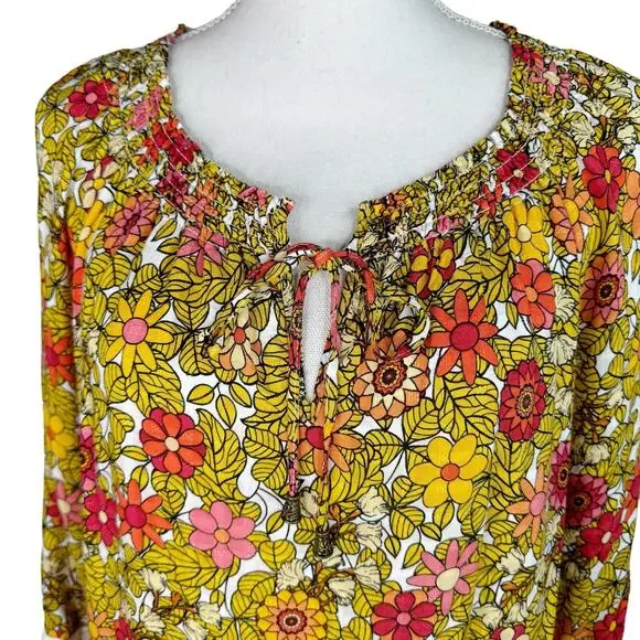Jane and Delancey Floral Smocked Tunic Top Boho Bohemian Yellow Orange Red XL ￼ - Picture 3 of 9
